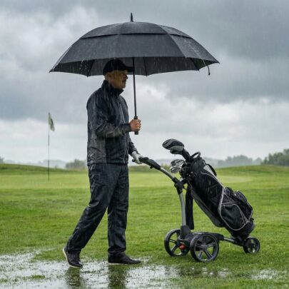 stor golfparaply beskytter golfspiller og golfbag på golfbane