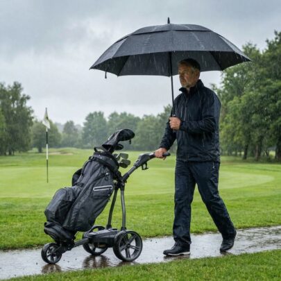 golfspiller med stor golfparaply og golfvogn i regnvejr