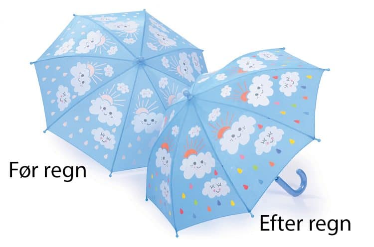 Paraply til børn skifter farve ved regn med skyer her