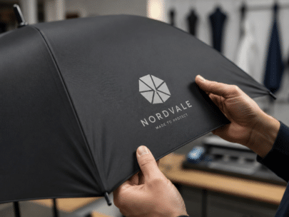 Nærbillede af logo trykt på sort paraplypanel