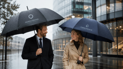 To personer med paraplyer med logo i regnvejr foran moderne kontorbygning