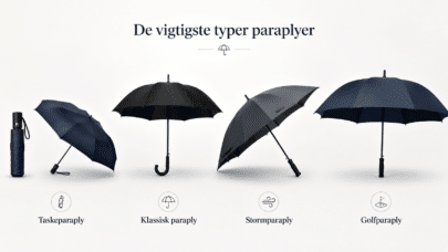 Forskellige typer paraplyer – taskeparaply, klassisk paraply, stormparaply og golfparaply