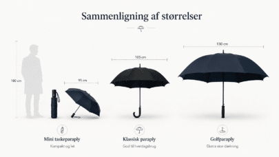 Sammenligning af størrelser på mini paraply, almindelig paraply og golfparaply